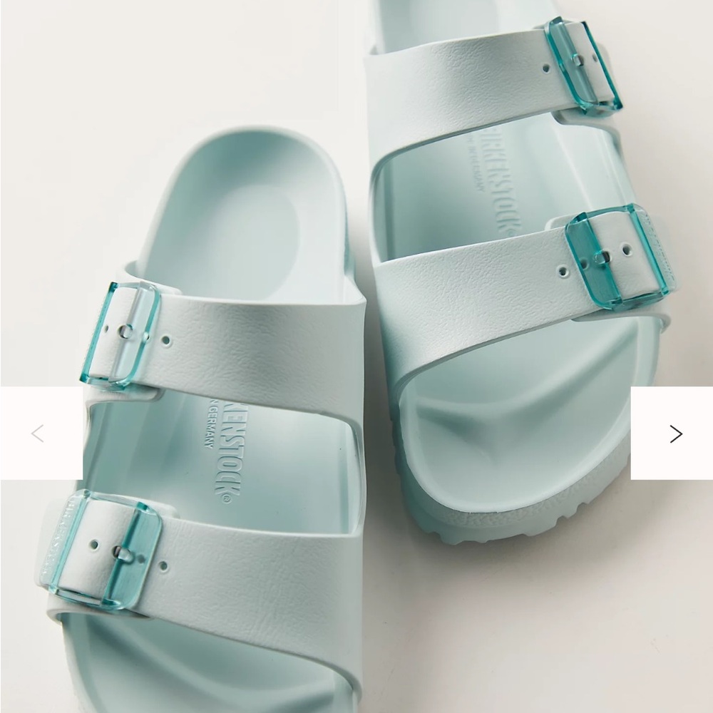 Birkenstock Arizona EVA Sandals in Light Blue with Teal Buckles